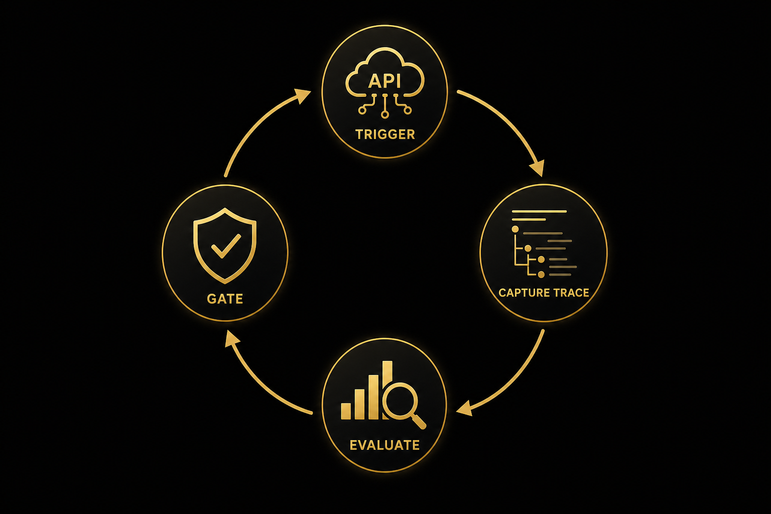 A dark gold-on-black action cycle diagram, deck-style, showing four nodes arranged in a ring: TRIGGER (production run), EVALUATE (score the trace), GATE (compare to baseline), and IMPROVE (fix and add to suite), connected by glowing amber arrows forming a continuous loop on a black background.