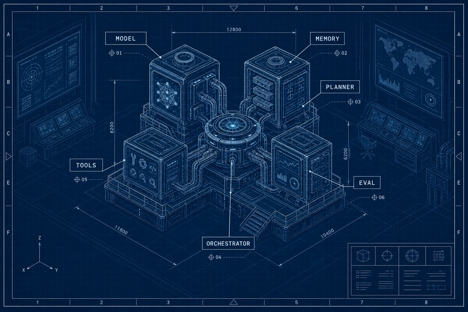A cyanotype-style isometric blueprint of an agent system drawn as a labeled machine in a control room, with modules labeled MODEL, MEMORY, PLANNER, ORCHESTRATOR, TOOLS and EVAL, plus dimension lines and a faint measurement grid.