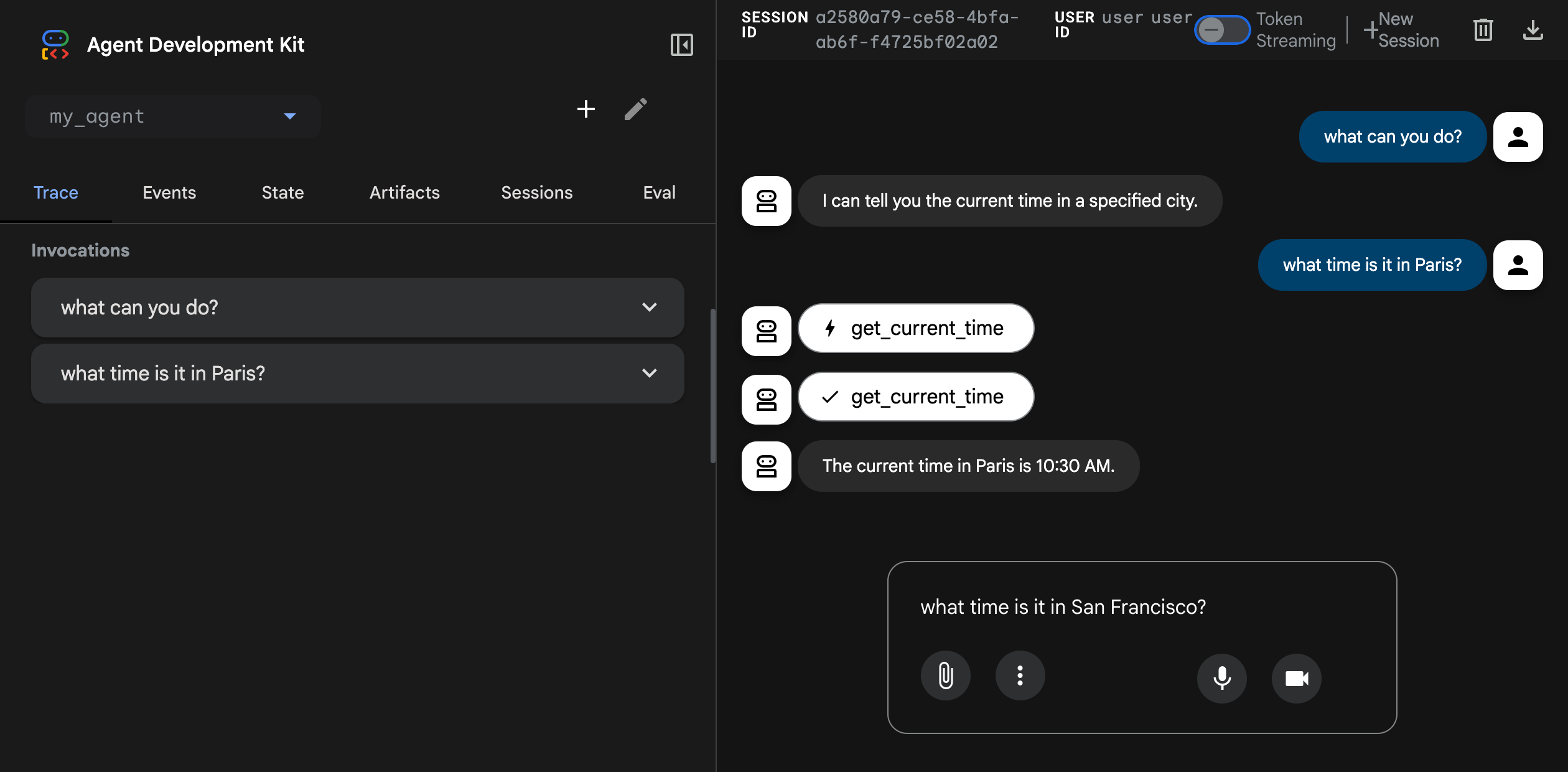 The ADK dev UI in a browser: a left sidebar listing sessions and events, a main chat pane in conversation with a running agent, with the agent selector at the top.