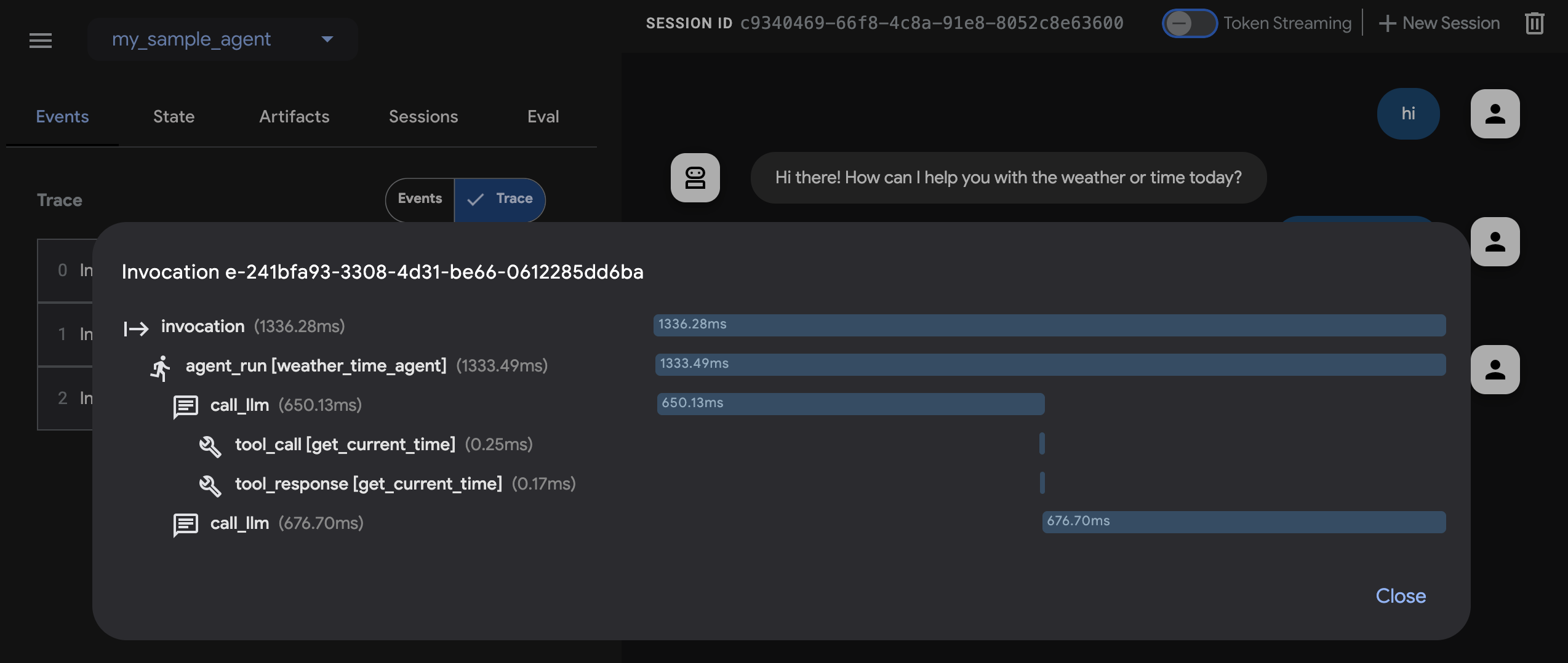The ADK dev UI trace inspection view: a function call selected in the event list, showing the request arguments and the tool's JSON response side by side.