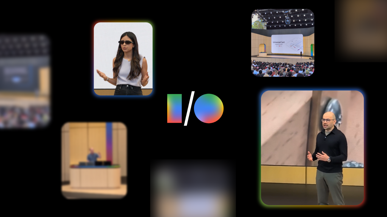 Live photo from the Google I/O 2026 keynote at Shoreline Amphitheatre: a presenter on stage in front of a large screen showing Universal Cart, with the audience visible in the foreground.